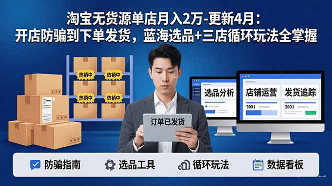 淘宝无货源5.0单店月入2万-更新4月：开店防骗到下单发货，蓝海选品+三店循环玩法全掌握-梦清研习社