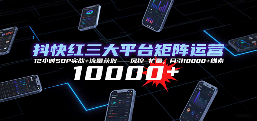 抖快红三大平台矩阵运营，12小时SOP实战+流量获取-风控-扩量，月引10000+线索-梦清研习社