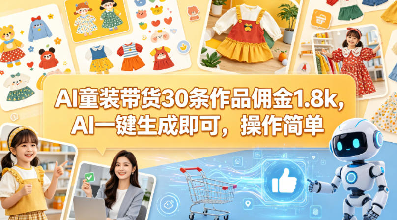 AI童装带货30条作品佣金1.8k，AI一键生成即可，操作简单-梦清研习社