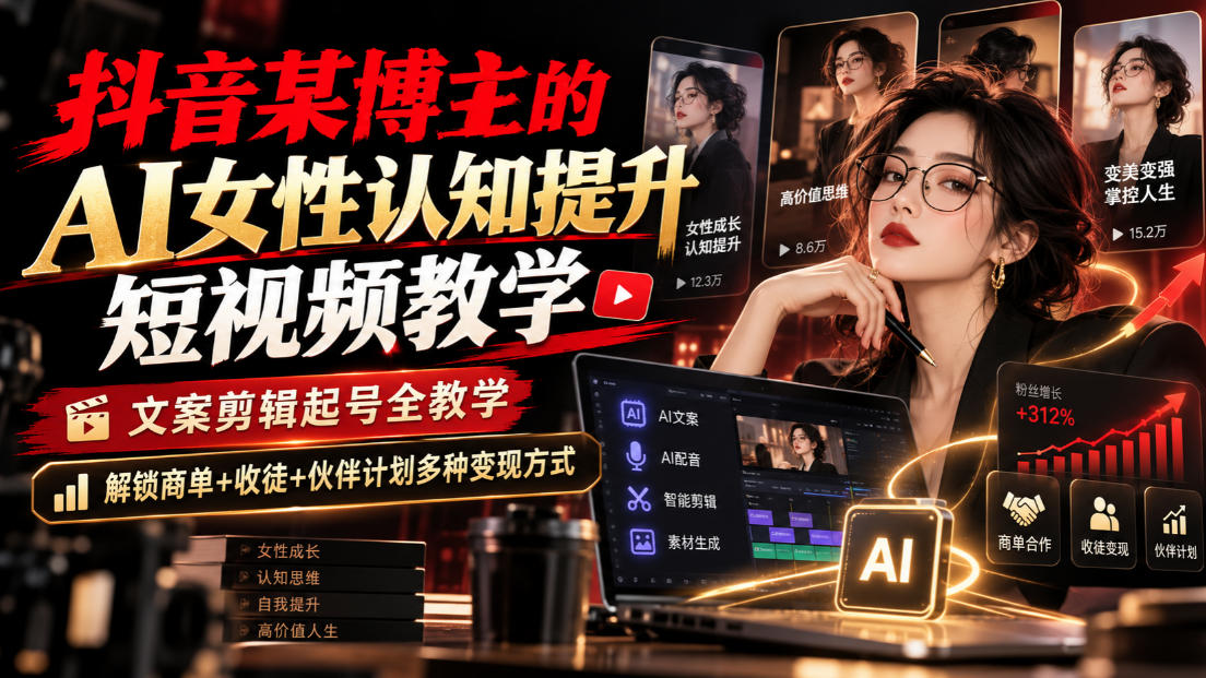 抖音某博主的Ai女性认知提升短视频教学，文案剪辑起号全教学，解锁商单+收徒+伙伴计划多种变现方式-梦清研习社