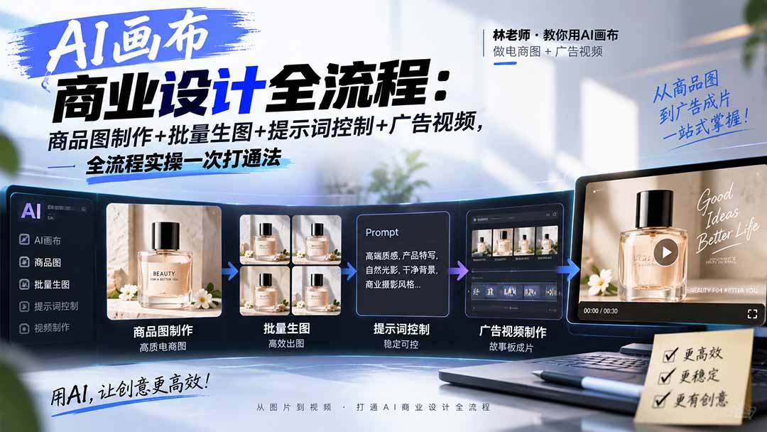 AI画布商业设计全流程：商品图制作+批量生图+提示词控制+广告视频，全流程实操一次打通法-梦清研习社