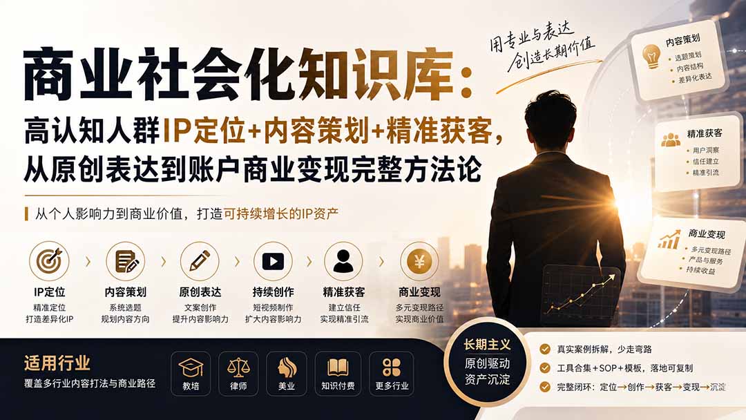 商业社会化知识库：高认知人群IP定位+内容策划+精准获客，从原创表达到账户商业变现完整方法论-梦清研习社