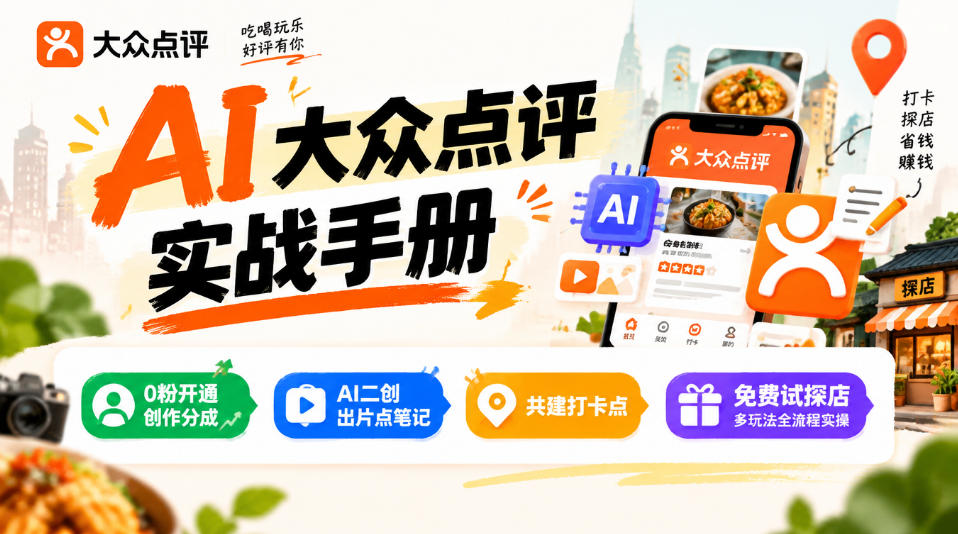 某局的AI大众点评实战手册，0粉开通创作分成、AI二创出片点笔记、共建打卡点、免费试探店多玩法全流程实操-梦清研习社