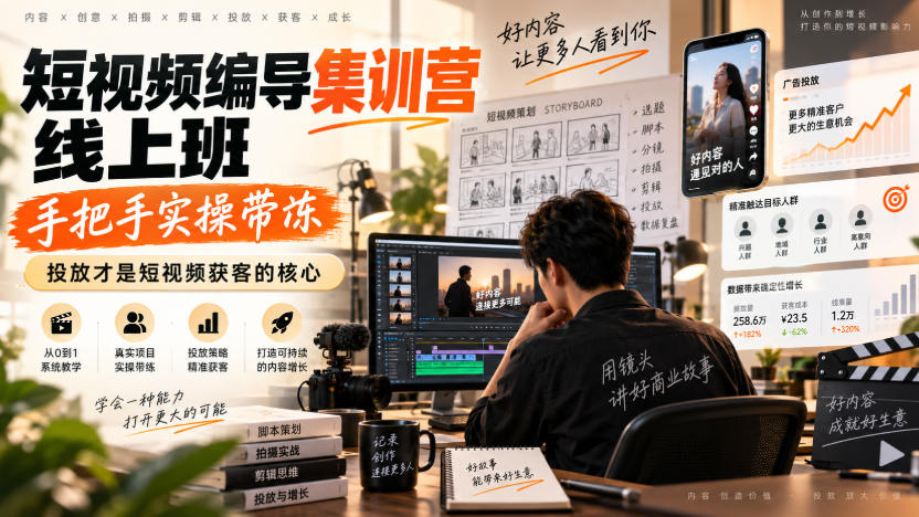 短视频编导集训营线上班，手把手实操带冻，投放才是短视频获客的核心-梦清研习社