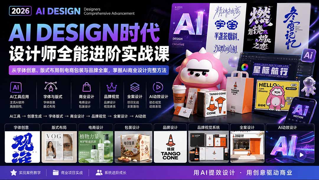 2026AI DESIGN时代设计师全能进阶实战课：从字体创意、版式布局到电商包装与品牌全案，掌握AI商业设计完整方法-梦清研习社