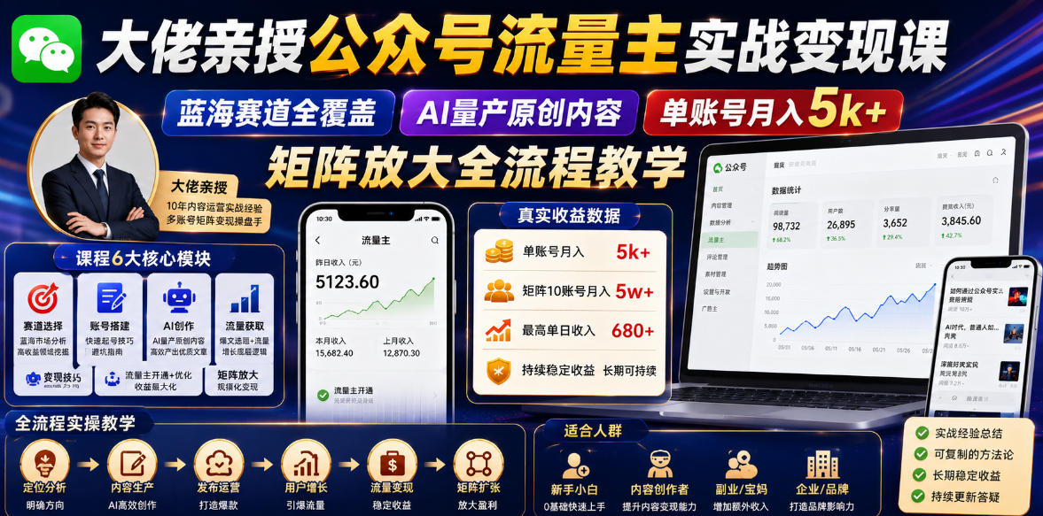 大佬亲授公众号流量主实战变现课，蓝海赛道全覆盖，AI量产原创内容，单账号月入5k+矩阵放大全流程教学-梦清研习社