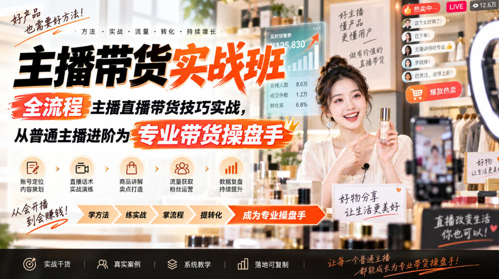 主播带货实战班ZB，全流程主播直播带货技巧实战，从普通主播进阶为专业带货操盘手-梦清研习社