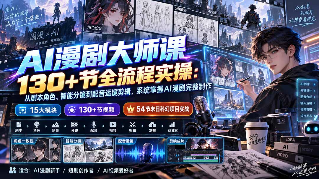 AI漫剧大师课130+节全流程实操：从剧本角色、智能分镜到配音运镜剪辑，系统掌握AI漫剧完整制作-梦清研习社