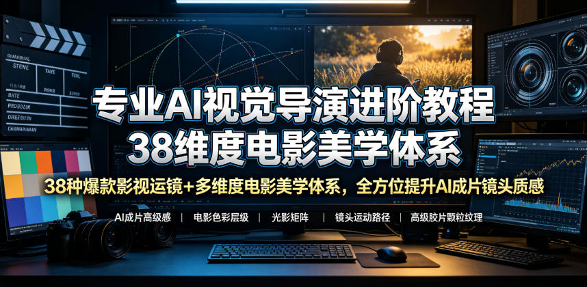 专业AI视觉导演进阶教程，38种爆款影视运镜+多维度电影美学体系，全方位提升AI成片高级感与镜头质感-梦清研习社