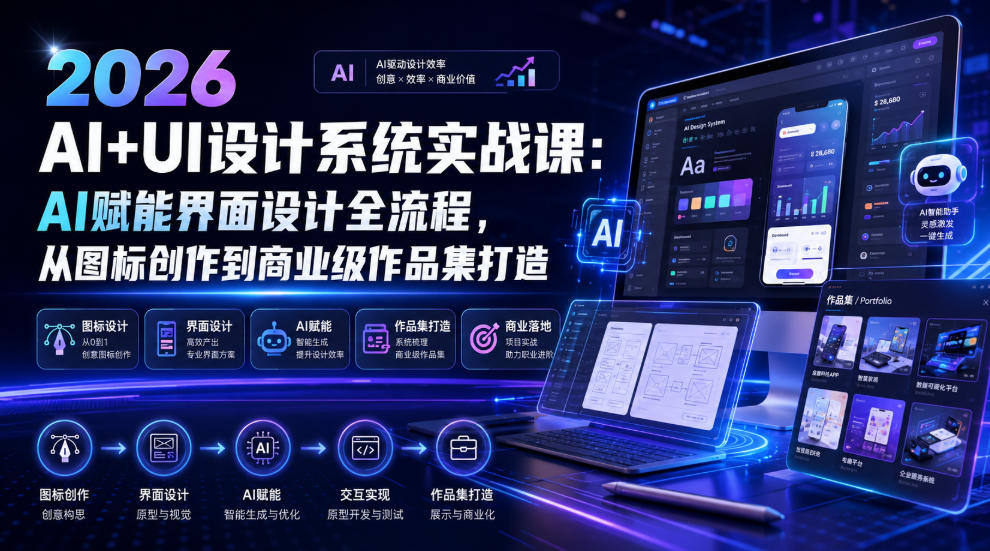2026 AI+UI设计系统实战课：AI赋能界面设计全流程，从图标创作到商业级作品集打造-梦清研习社