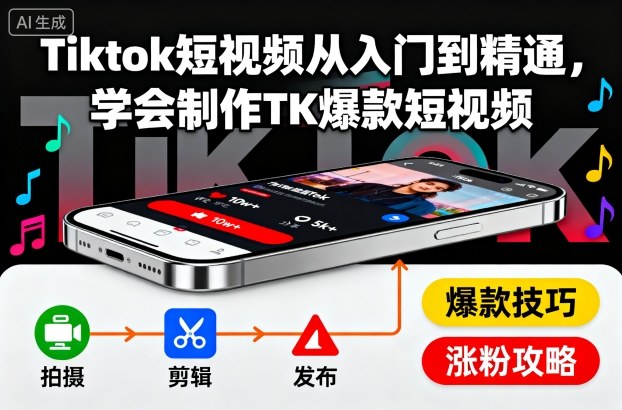Tiktok短视频从入门到精通,学会制作TK爆款短视频-梦清研习社