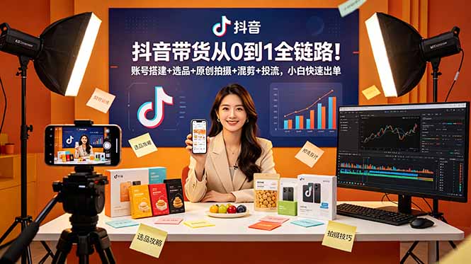 抖音带货从0到1全链路!账号搭建+选品+原创拍摄+混剪+投流,小白快速出单-梦清研习社