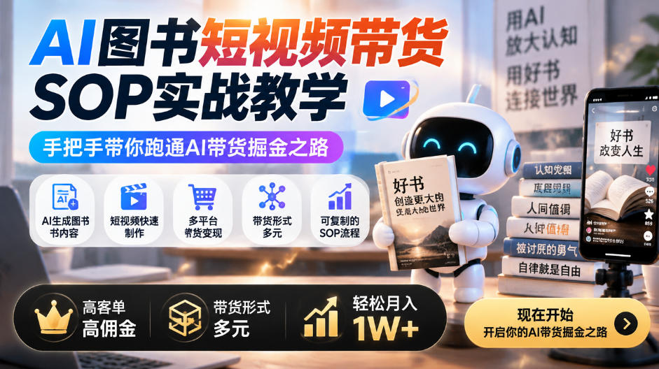 AI图书短视频带货SOP实战教学，手把手带你跑通AI带货掘金之路，高客单高佣金，带货形式多元，轻松月入1W+-梦清研习社