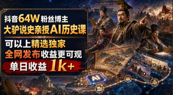 抖音64W粉丝博主大驴说史亲授AI历史课，可以上精选独家，全网发布收益更可观，单日收益1k+-梦清研习社