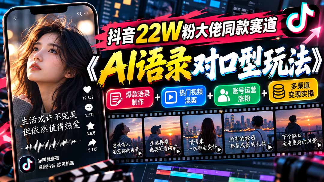 抖音22W粉大佬同款赛道《AI语录对口型玩法》：爆款语录制作+热门视频混剪+账号运营涨粉+多渠道变现实操-梦清研习社