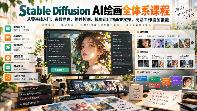 【无水印】Stable Diffusion AI绘画全体系课程，从零基础入门、参数原理、插件控图、模型运用到商业实操、高阶工作流全覆盖-梦清研习社