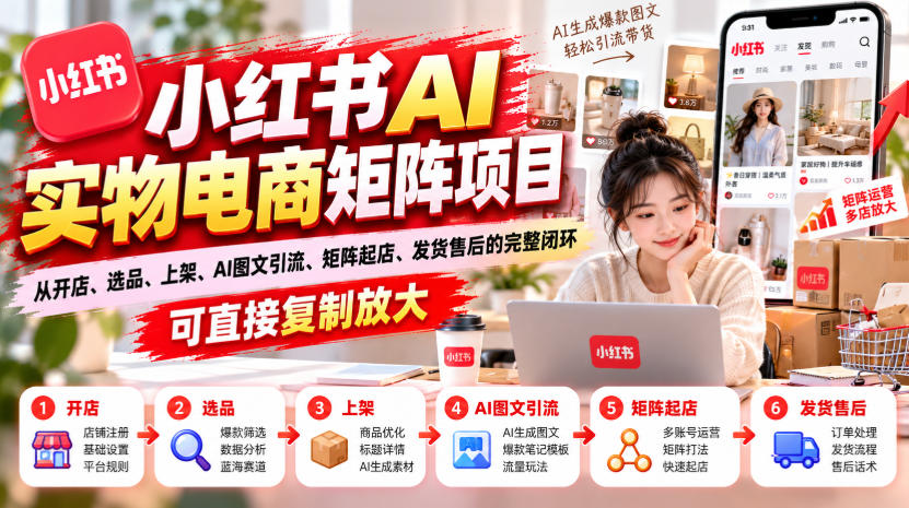 小红书AI实物电商矩阵项目，从开店、选品、上架、AI图文引流、矩阵起店、发货售后的完整闭环，可直接复制放大-梦清研习社