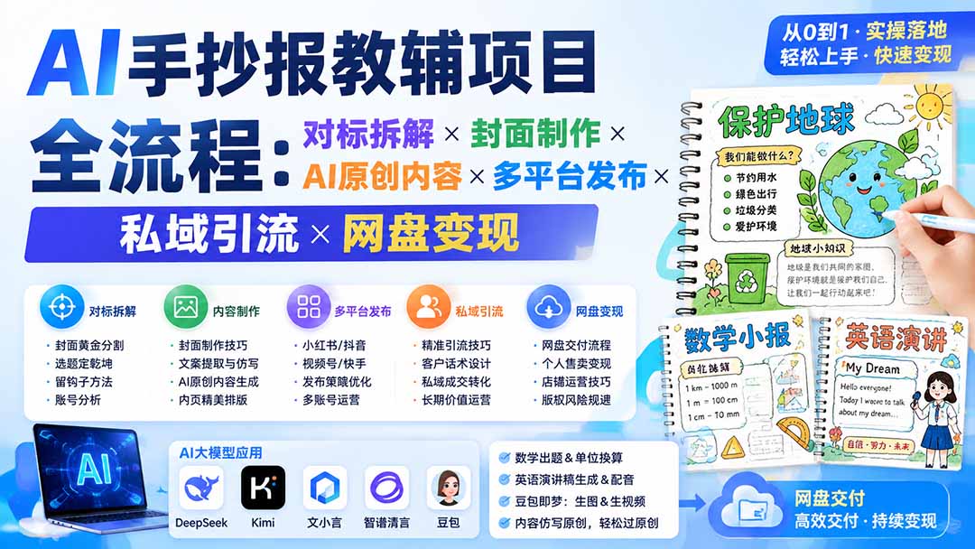 AI手抄报教辅项目全流程：对标拆解×封面制作×AI原创内容×多平台发布×私域引流×网盘变现-梦清研习社