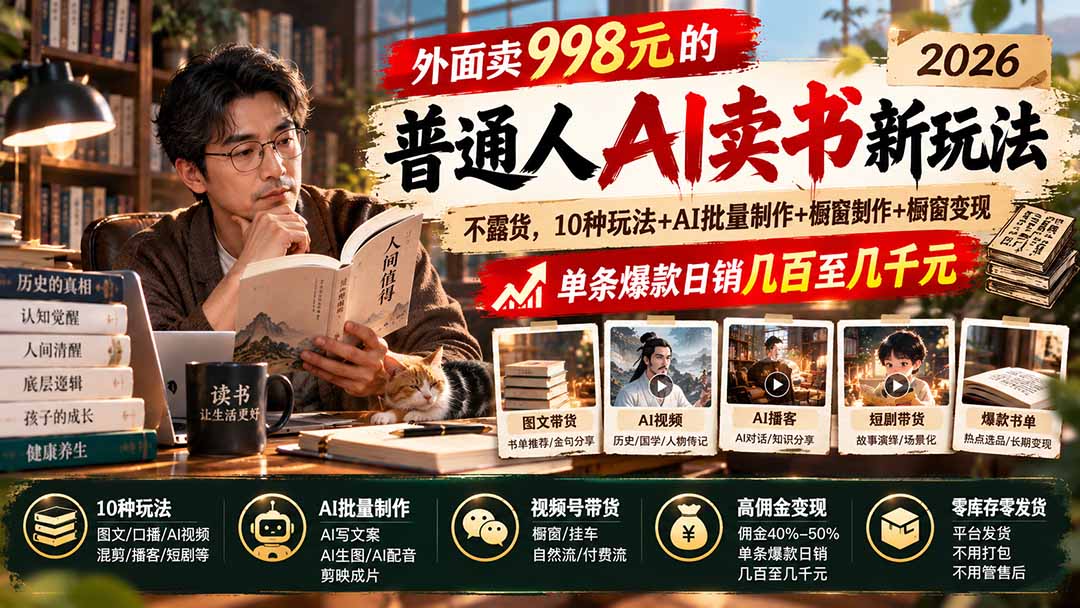 外面卖998元的2026普通人AI卖书新玩法：不露脸、不囤货，10种玩法+AI批量制作+橱窗变现，单条爆款日销几百至几千元-梦清研习社