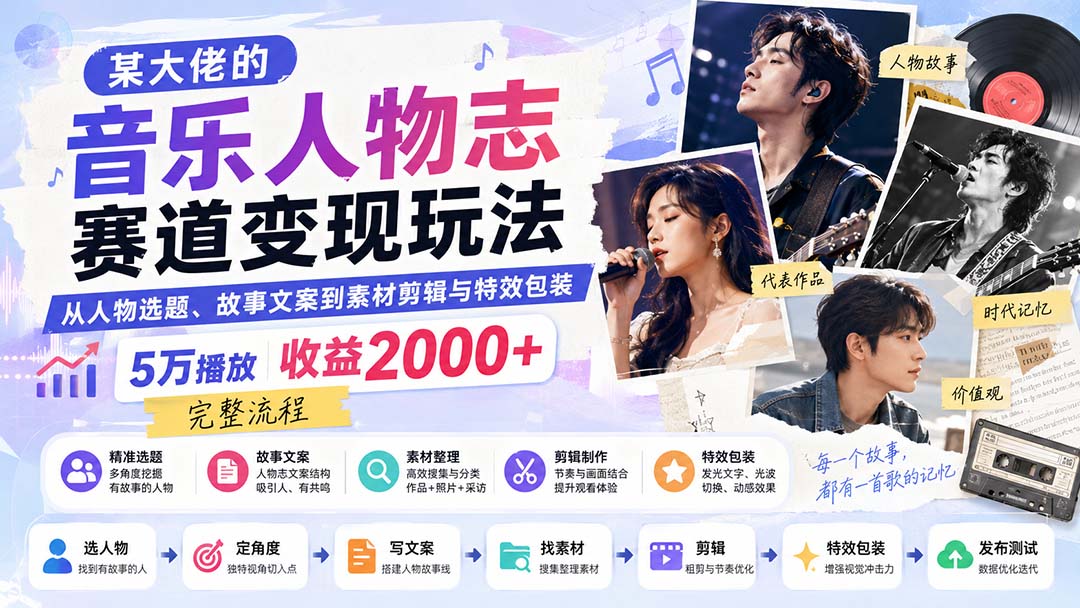 某大佬的音乐人物志赛道变现玩法:从人物选题、故事文案到素材剪辑与特效包装,5万播放收益2000+完整流程-梦清研习社