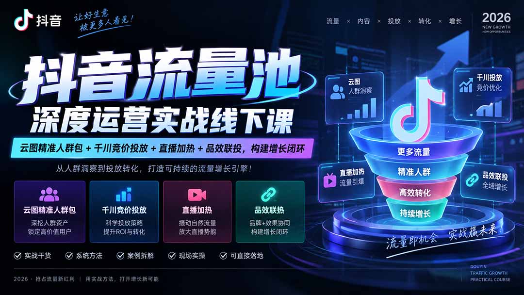 抖音流量池深度运营实战线下课｜云图精准人群包+千川竞价投放+直播加热+品效联投，构建增长闭环-梦清研习社