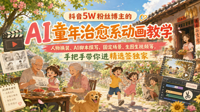 抖音5W粉丝博主的AI童年治愈系动画教学，人物换装、AI脚本撰写、固定场景、生图生视频等，手把手带你进精选签独家-梦清研习社