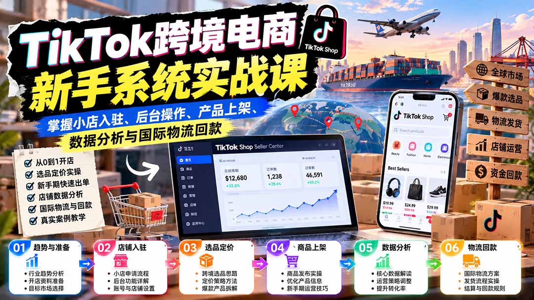 TikTok跨境电商新手系统实战课：掌握小店入驻、后台操作、产品上架、数据分析与国际物流回款-梦清研习社