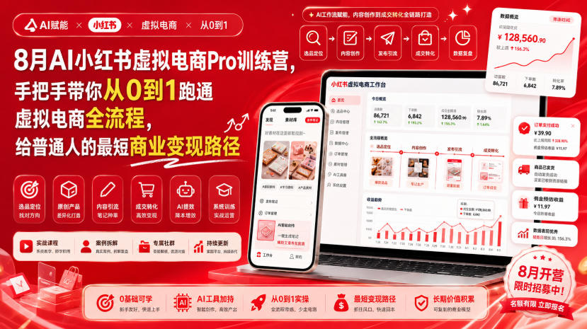 8月AI小红书虚拟电商Pro训练营，手把手带你从0到1跑通虚拟电商全流程，给普通人的最短商业变现路径(更新0827)-梦清研习社