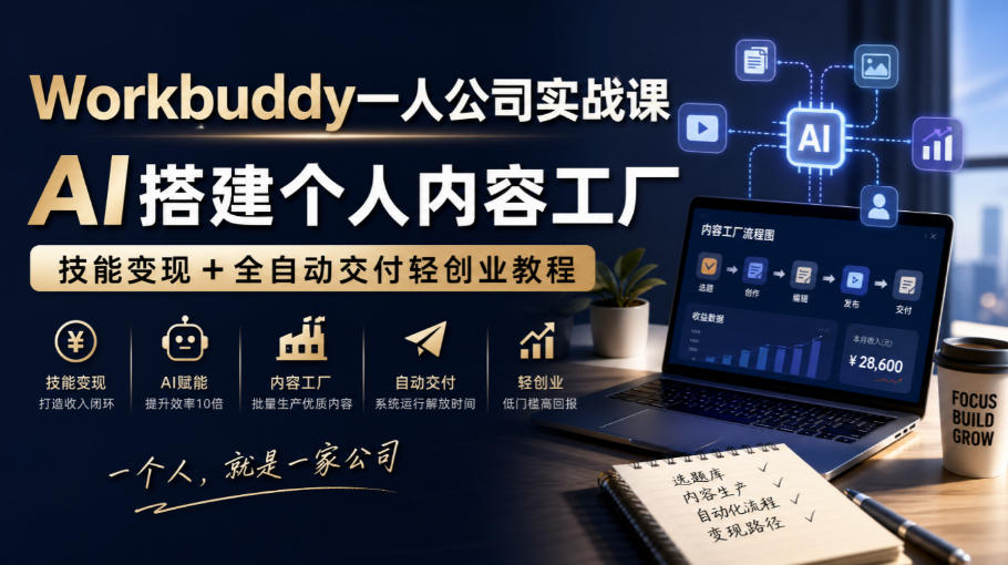 Workbuddy一人公司实战课，AI搭建个人内容工厂，技能变现+全自动交付轻创业教程​-梦清研习社