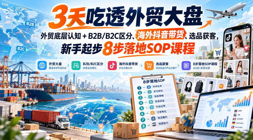 3天吃透外贸大盘，外贸底层认知+B2B/B2C区分、海外抖音带货、选品获客，新手起步8步落地SOP课程-梦清研习社