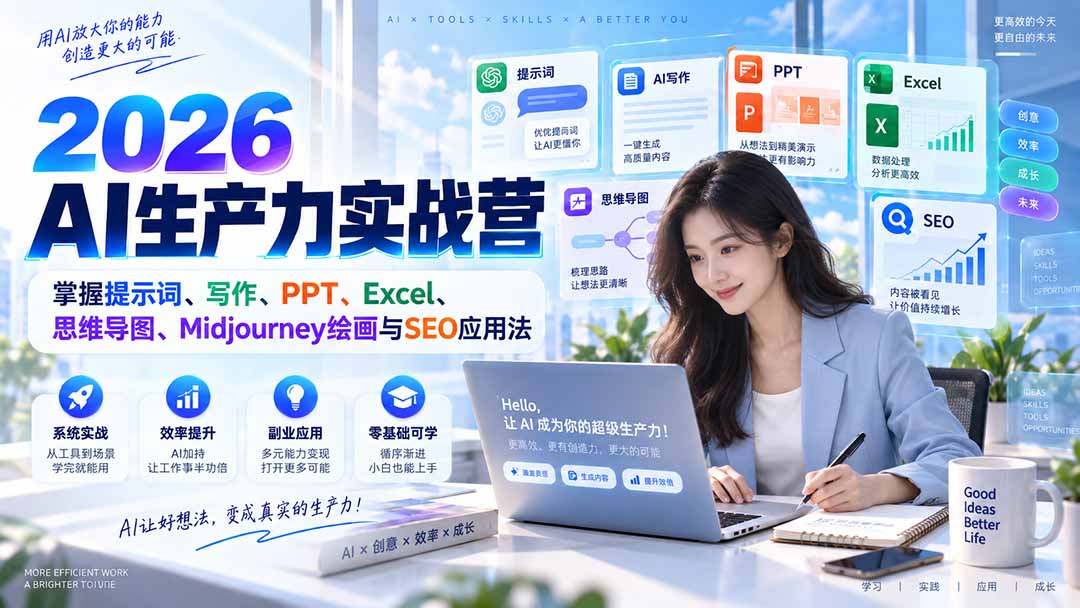 2026AI生产力实战营：掌握提示词、写作、PPT、Excel、思维导图、Midjourney绘画与SEO应用法-梦清研习社