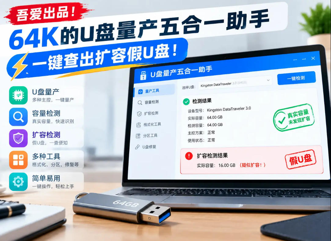 吾爱出品！64K的U盘量产五合一助手，一键查出扩容假U盘！-梦清研习社