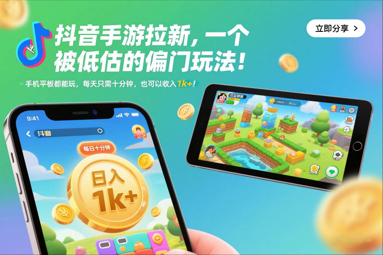 抖音手游拉新，一个被低估的偏门玩法！手机平板都能玩，每天只需十分钟，也可以收入1k+【揭秘】-梦清研习社