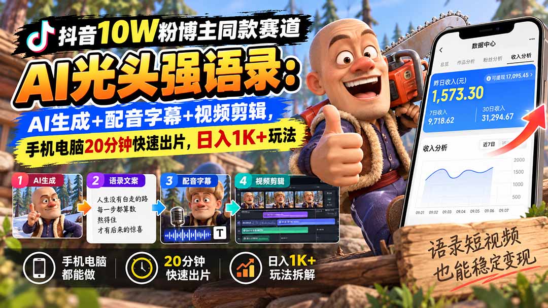 【无水印】抖音10W粉博主同款赛道AI光头强语录：AI生成+配音字幕+视频剪辑，手机电脑20分钟快速出片，日入1K+玩法-梦清研习社