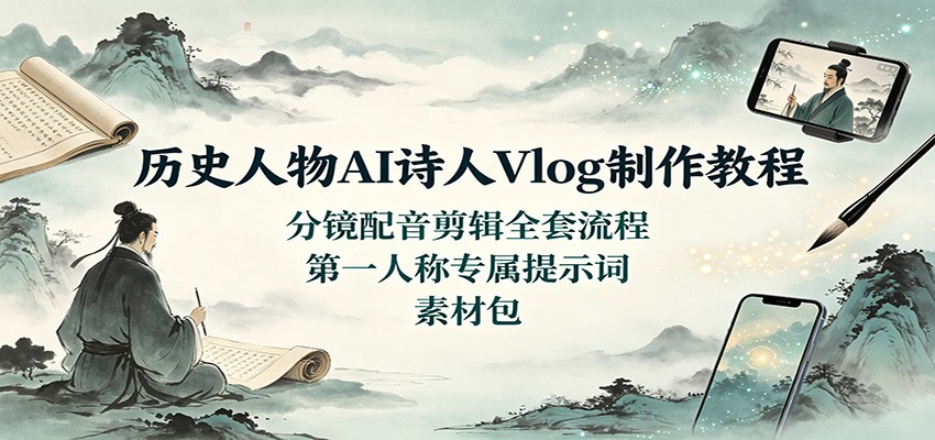 历史人物AI诗人Vlog制作教程：分镜配音剪辑全套流程，第一人称专属提示词素材包-梦清研习社