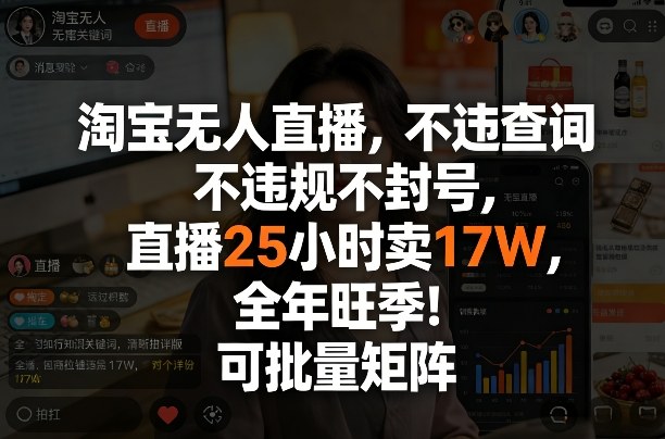 淘宝无人直播，不违规不封号，直播25小时卖17W，全年旺季！可批量矩阵【揭秘】-梦清研习社