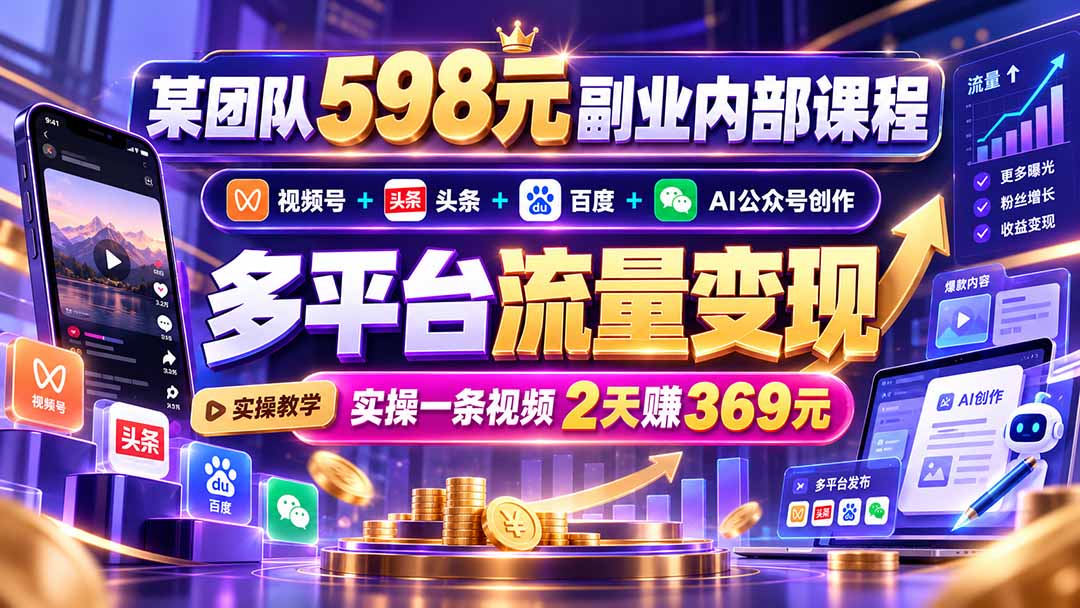 某团队598元副业内部课程：视频号+头条+百度+AI公众号创作、多平台流量变现，实操一条视频2天赚369元-梦清研习社