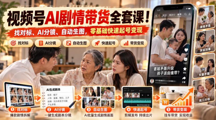 视频号AI剧情带货全套课！找对标、AI分镜、自动生图，零基础快速起号变现-梦清研习社