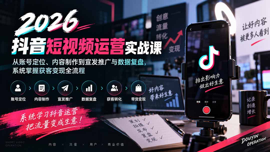 2026抖音短视频运营实战课：从账号定位、内容制作到宣发推广与数据复盘，系统掌握获客变现全流程-梦清研习社