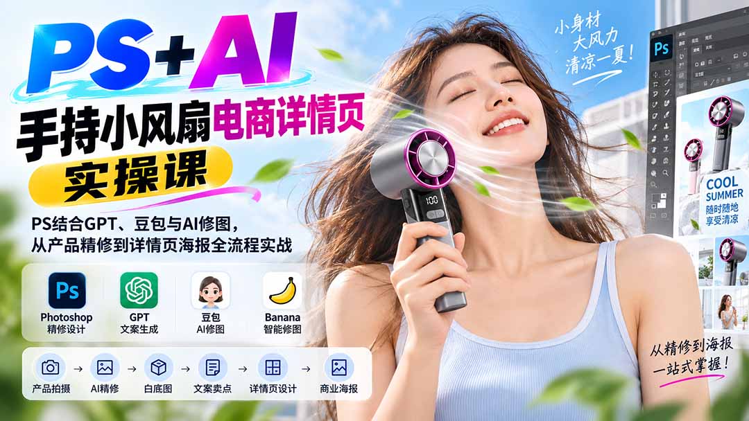 PS+AI手持小风扇电商详情页实操课：PS结合GPT、豆包与AI修图，从产品精修到详情页海报全流程实战-梦清研习社