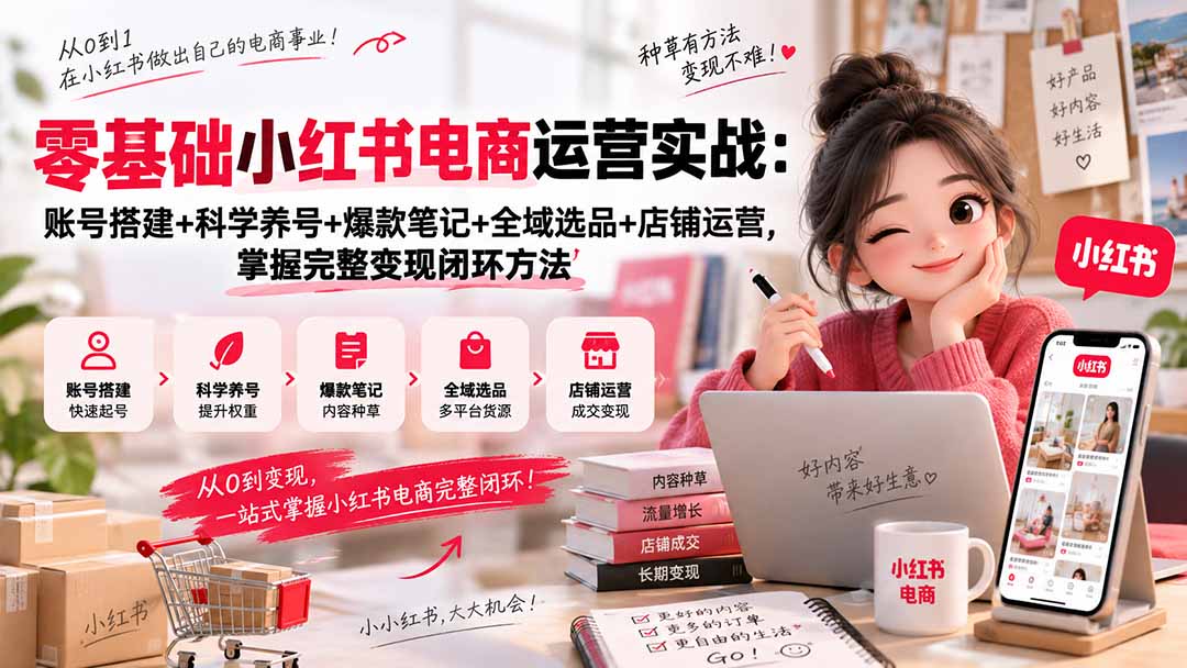 零基础小红书电商运营实战：账号搭建+科学养号+爆款笔记+全域选品+店铺运营，掌握完整变现闭环方法-梦清研习社