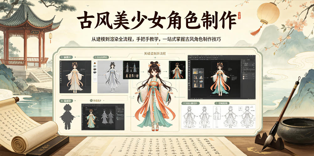 古风美少女角色制作，从建模到渲染全流程，手把手教学，一站式掌握古风角色制作技巧-梦清研习社