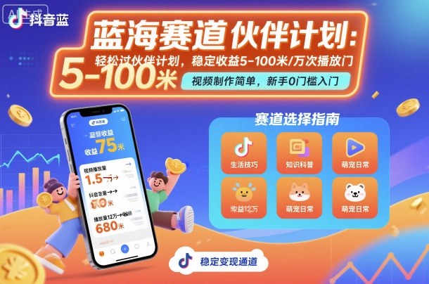 抖音蓝海赛道，轻松过伙伴计划，视频制作简单，万次播放收益在5-100米，稳定收益-梦清研习社