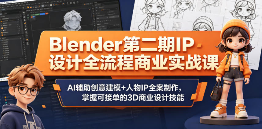 Blender第二期IP设计全流程商业实战课，AI辅助创意建模+人物IP全案制作，掌握可接单的3D商业设计技能-梦清研习社