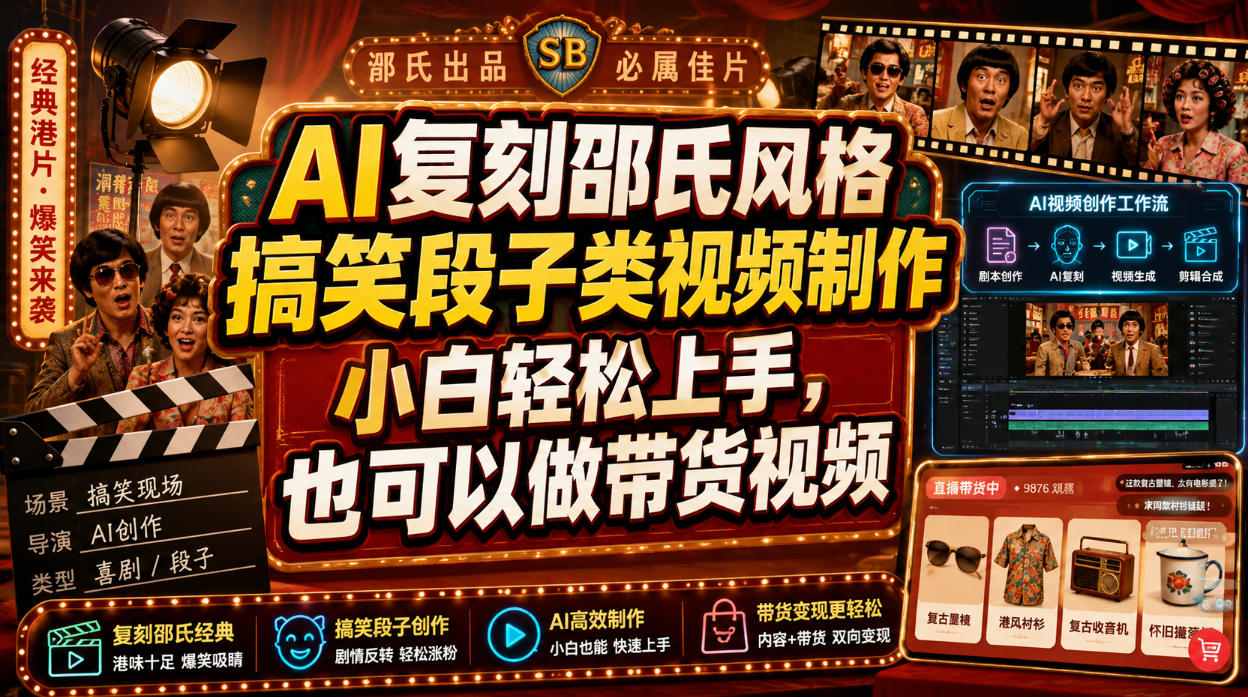 AI复刻邵氏风格搞笑段子类视频制作，小白轻松上手，也可以做带货视频-梦清研习社
