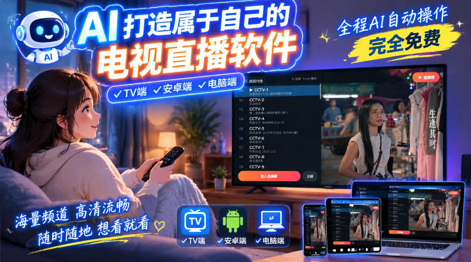 一个提示词,AI全自动做出电视直播软件,电脑、安卓、电视三端通用,完全免费,画质流畅不卡顿-梦清研习社