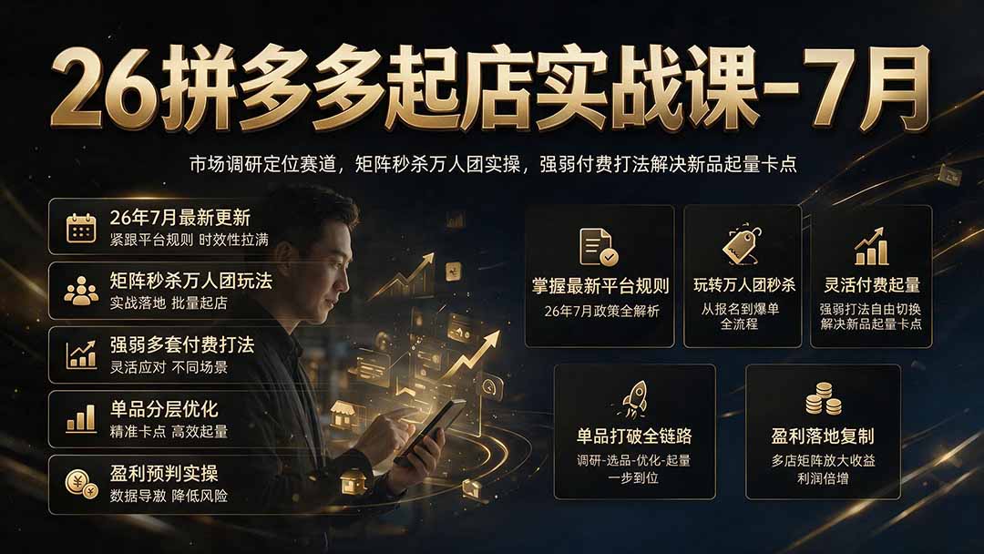 26拼多多起店实战课-7月｜市场调研定位赛道，矩阵秒杀万人团实操，强弱付费打法解决新品起量卡点-梦清研习社