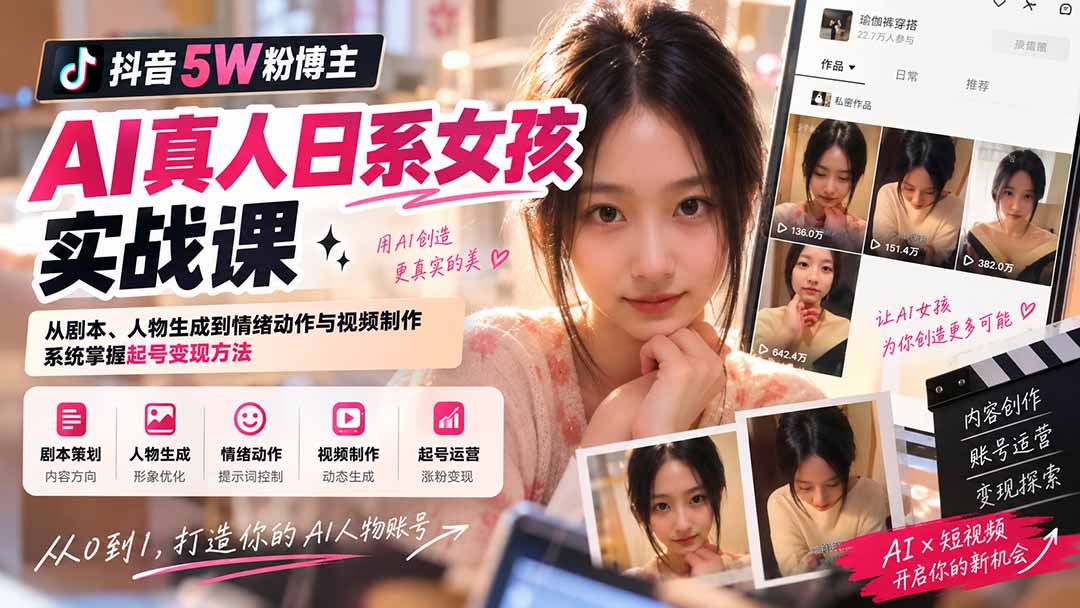 抖音5W粉博主AI真人日系女孩实战课：从剧本、人物生成到情绪动作与视频制作，系统掌握起号变现方法-梦清研习社