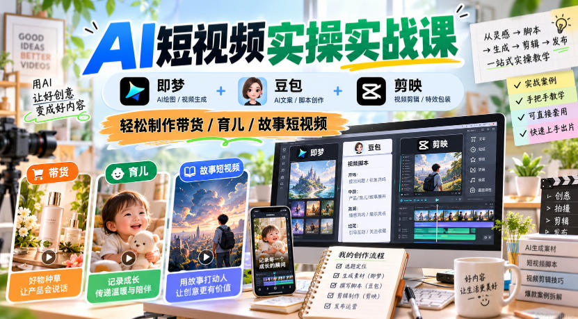 AI短视频实操实战课，即梦+豆包+剪映，轻松制作带货/育儿/故事短视频-梦清研习社