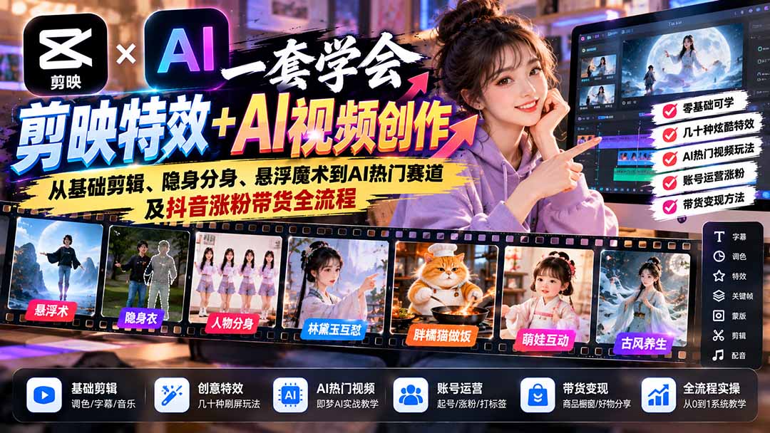 一套学会剪映特效+AI视频创作:从基础剪辑、隐身分身、悬浮魔术到AI热门赛道及抖音涨粉带货全流程-梦清研习社